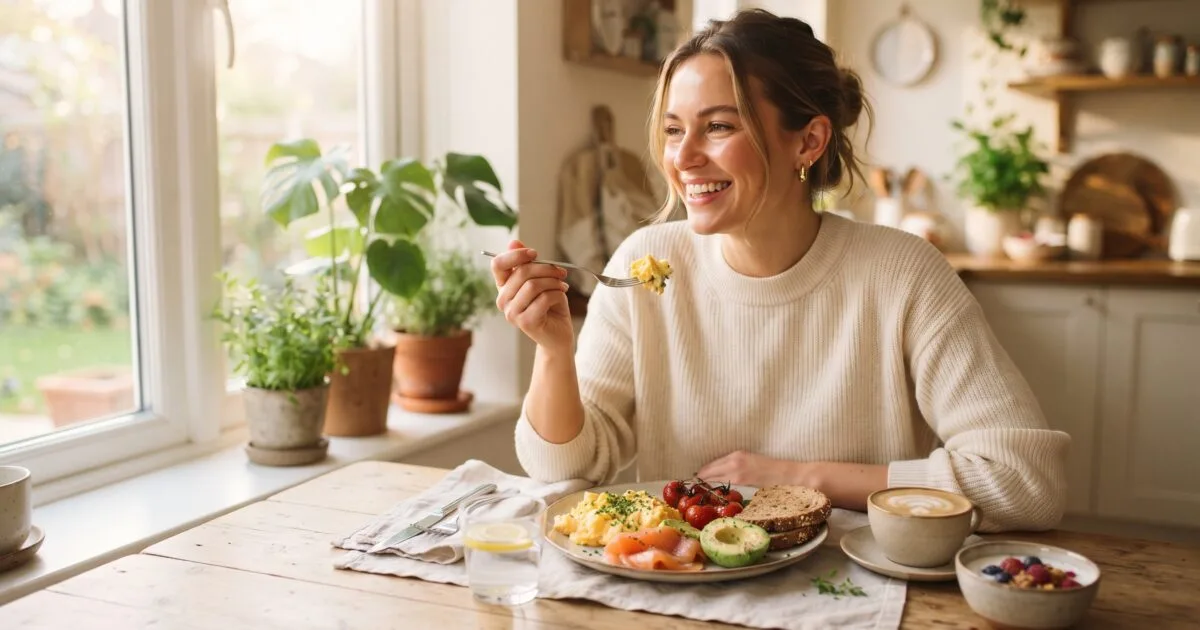 Woman enjoying a nutritious breakfast with eggs and salmon, natural B12 food sources