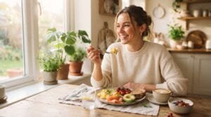 Woman enjoying a nutritious breakfast with eggs and salmon, natural B12 food sources