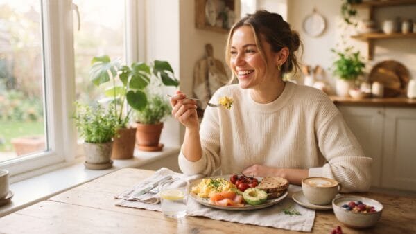 Woman enjoying a nutritious breakfast with eggs and salmon, natural B12 food sources
