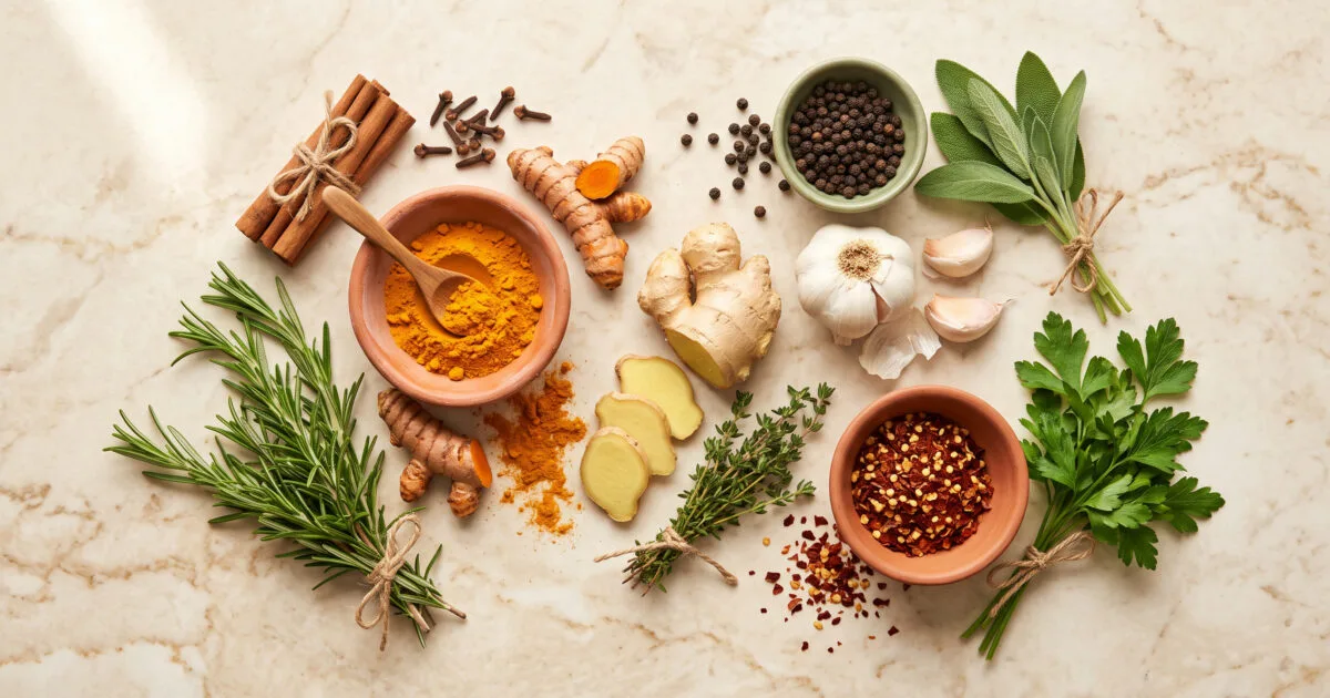 Turmeric, ginger, garlic, cinnamon, cloves, peppercorns and fresh rosemary, thyme, sage and parsley arranged in small ceramic bowls on a marble surface