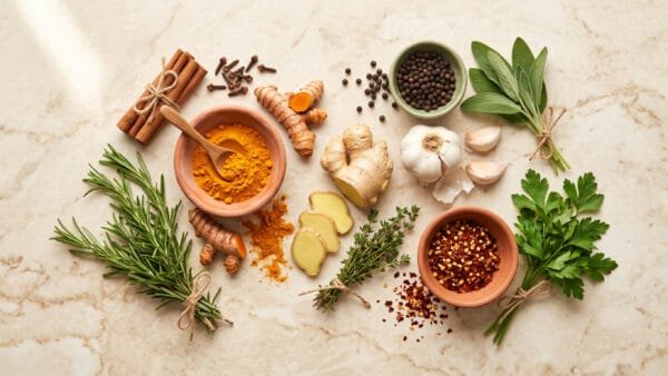 Turmeric, ginger, garlic, cinnamon, cloves, peppercorns and fresh rosemary, thyme, sage and parsley arranged in small ceramic bowls on a marble surface