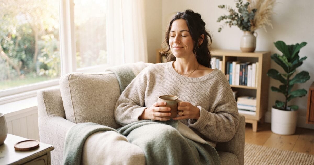 A calm woman relaxing in soft morning light with a warm mug, illustrating the use of magnesium for anxiety and everyday stress relief