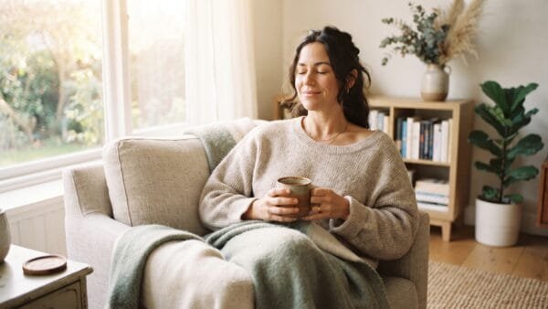 A calm woman relaxing in soft morning light with a warm mug, illustrating the use of magnesium for anxiety and everyday stress relief