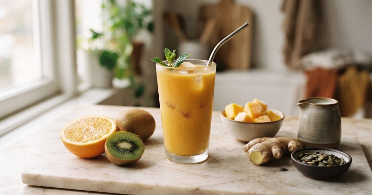 A tall glass of orange immune-boosting smoothie on a marble counter surrounded by orange, kiwi, frozen mango, pumpkin seeds, fresh ginger and a jug of kefir