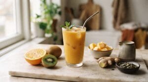A tall glass of orange immune-boosting smoothie on a marble counter surrounded by orange, kiwi, frozen mango, pumpkin seeds, fresh ginger and a jug of kefir