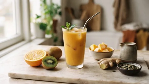 A tall glass of orange immune-boosting smoothie on a marble counter surrounded by orange, kiwi, frozen mango, pumpkin seeds, fresh ginger and a jug of kefir