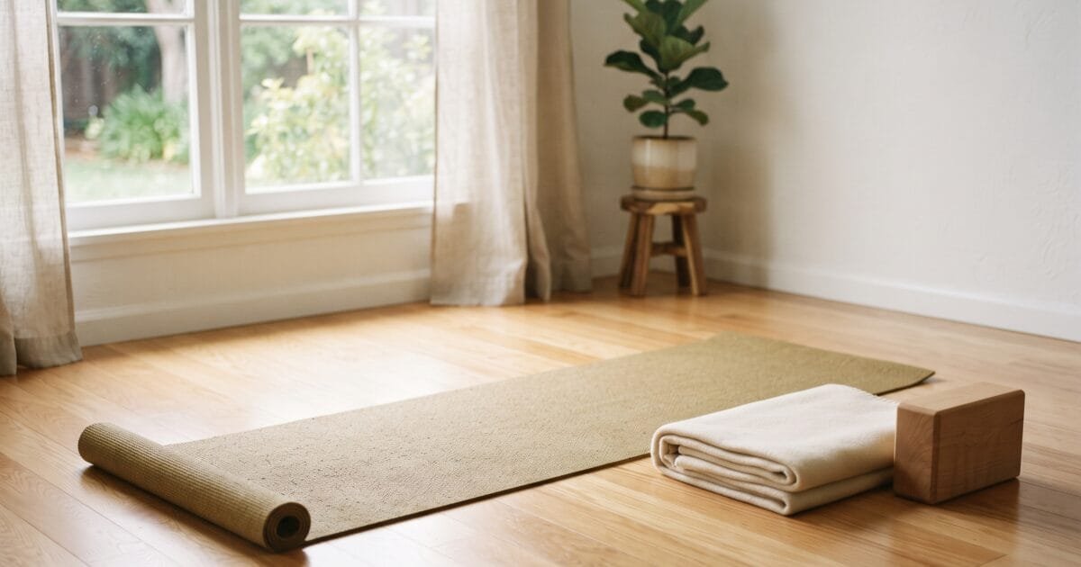 Yoga mat unrolled on a hardwood floor with a folded blanket and wooden yoga block, ready for a hip mobility stretching routine