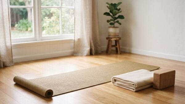 Yoga mat unrolled on a hardwood floor with a folded blanket and wooden yoga block, ready for a hip mobility stretching routine