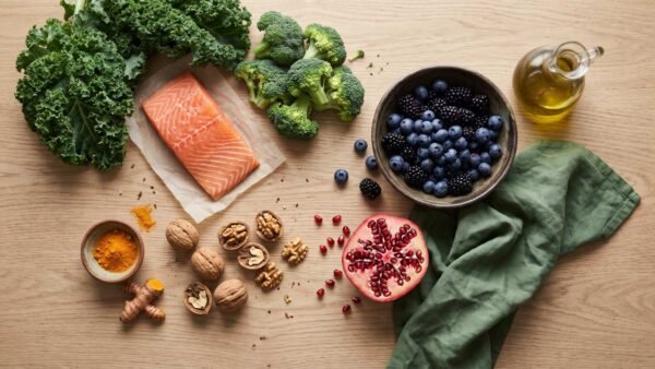 Overhead spread of anti-inflammatory foods including salmon, berries, kale, broccoli, turmeric, walnuts and olive oil
