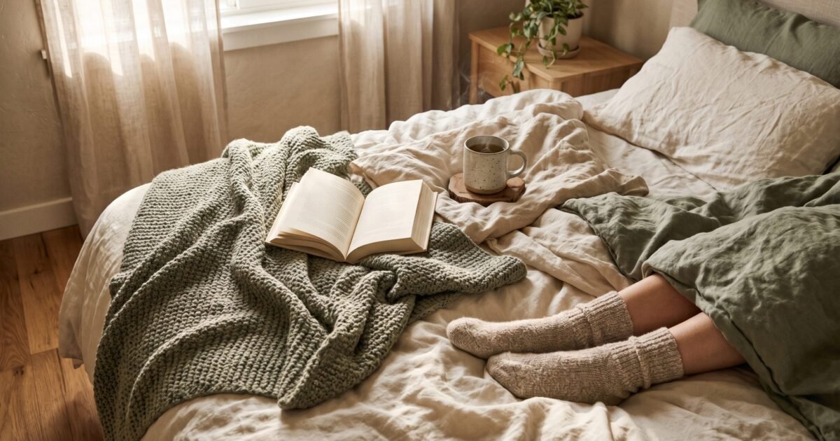 Rumpled cream linen bed with a sage knit blanket, an open book and a mug of herbal tea, with feet in wool socks tucked under the duvet in soft morning light