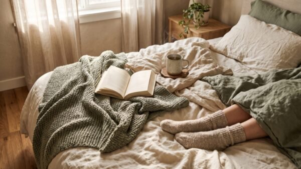 Rumpled cream linen bed with a sage knit blanket, an open book and a mug of herbal tea, with feet in wool socks tucked under the duvet in soft morning light