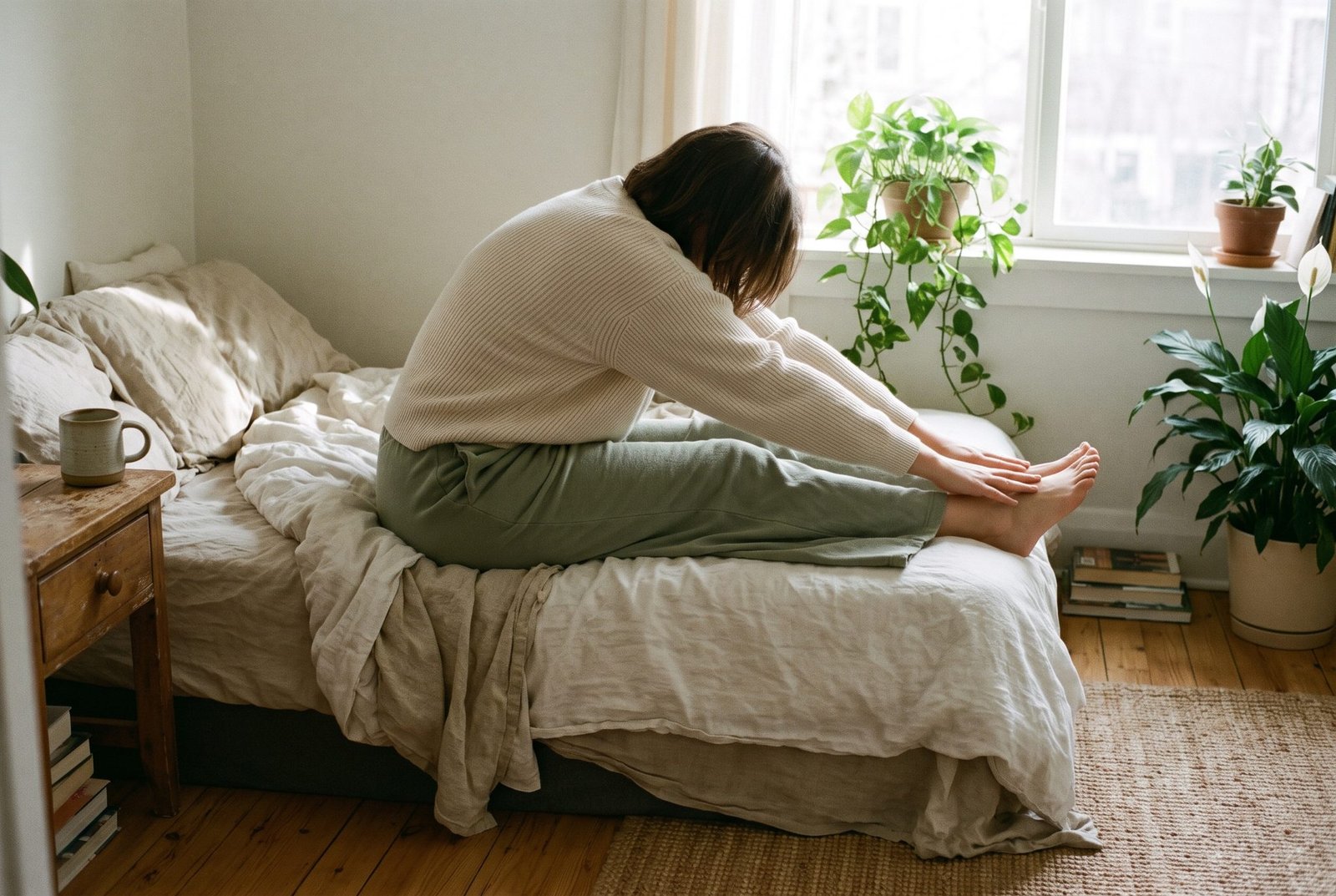 Woman in a cream sweater doing a gentle seated forward stretch on a made bed beside a sunny window with houseplants