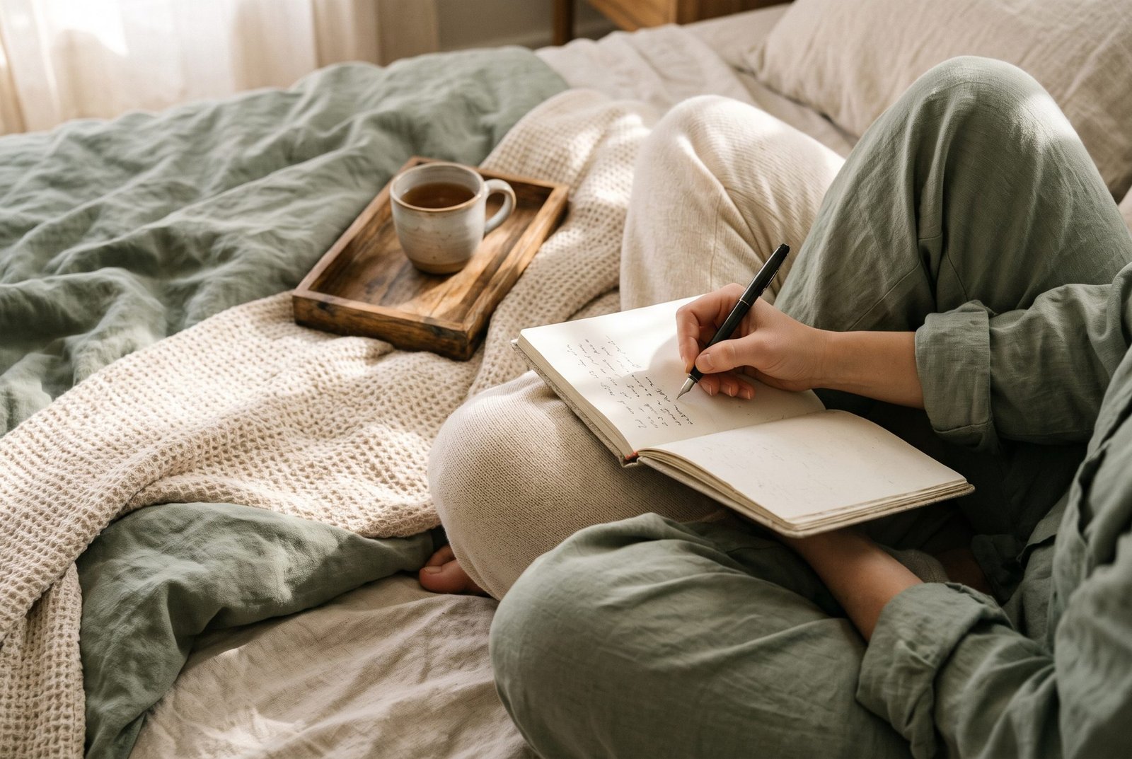 Person in sage linen pajamas sitting cross-legged on a bed writing in a journal beside a wooden tray with a cup of tea