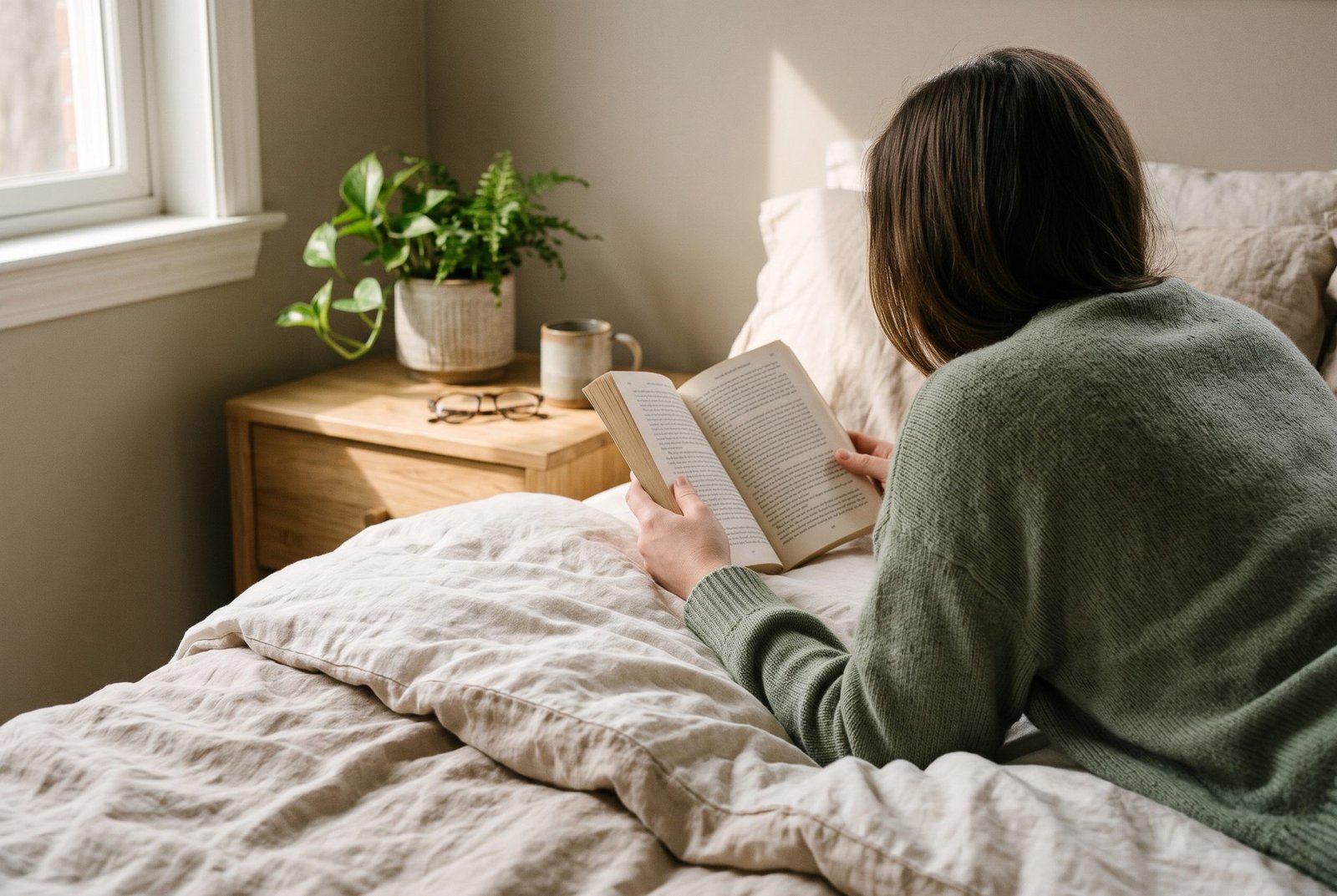 Woman in a sage sweater lying on a linen-covered bed reading a paperback, seen from behind, with a plant, glasses and a mug on the nightstand in afternoon light
