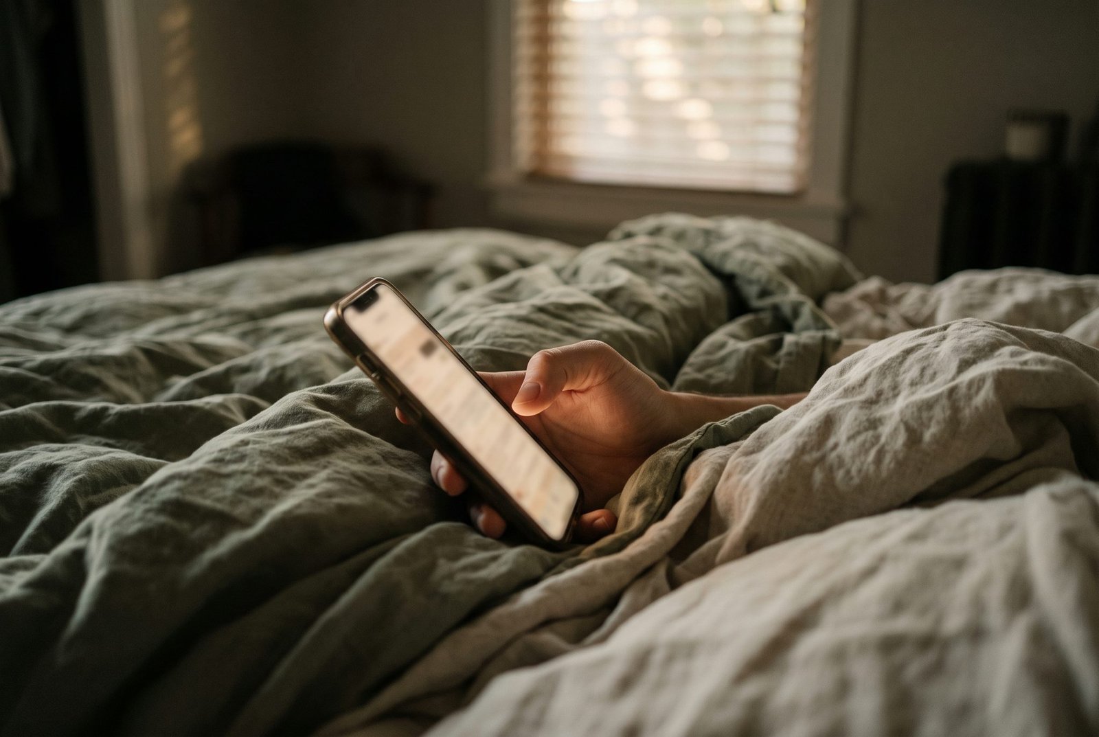 Hand holding a glowing smartphone under a rumpled sage duvet in a dim bedroom with half-closed blinds