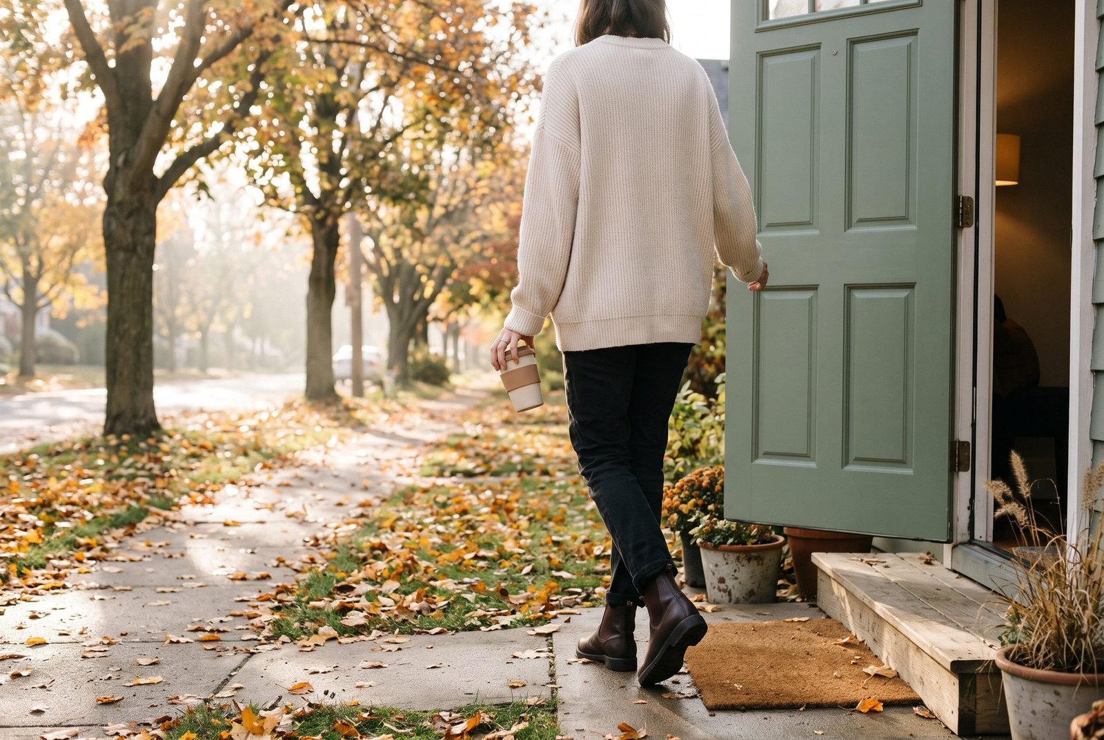 Woman in a cream sweater holding a coffee cup stepping out of a sage green front door onto a leaf-covered autumn sidewalk, seen from behind