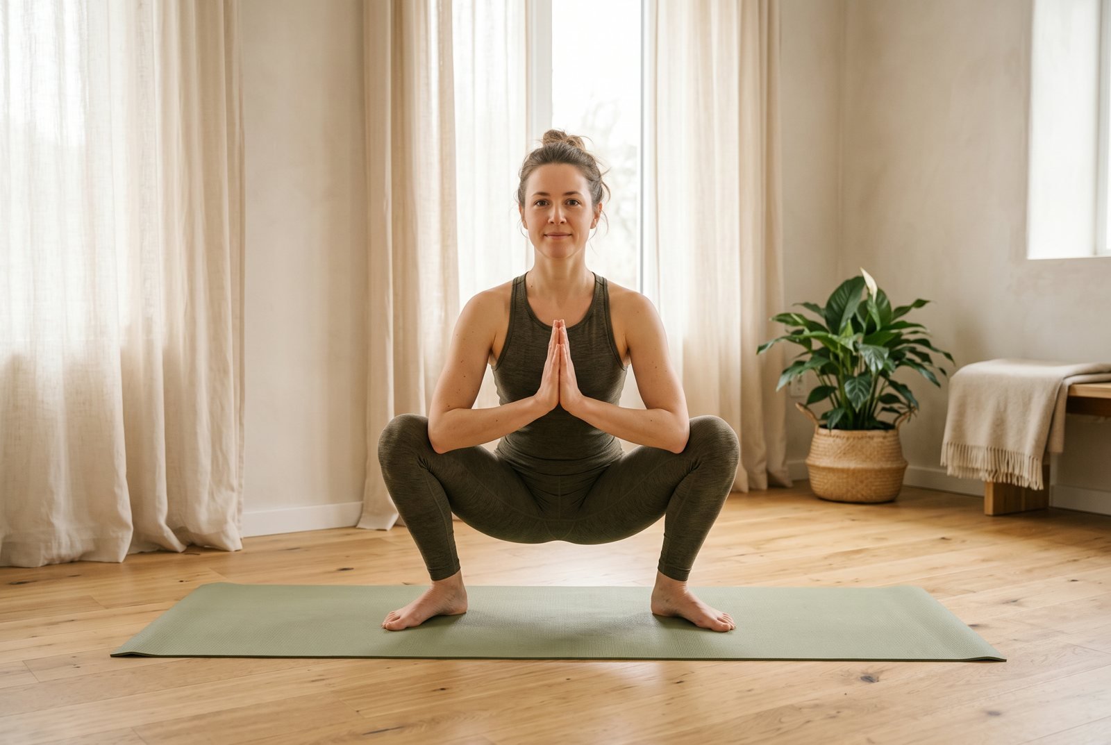 Woman holding a deep squat with elbows pressing knees outward