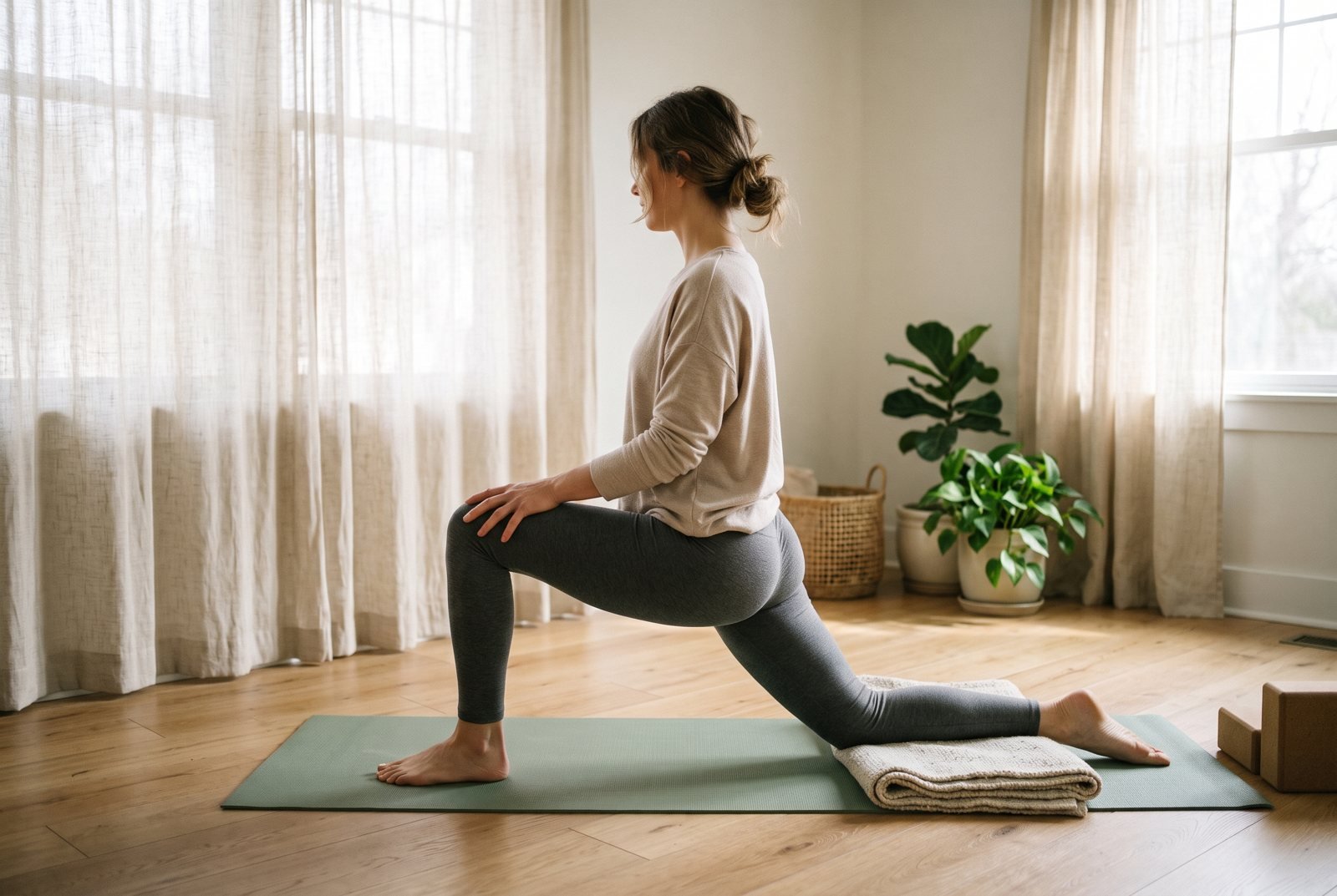 Woman in a low kneeling lunge doing a hip flexor stretch on a yoga mat