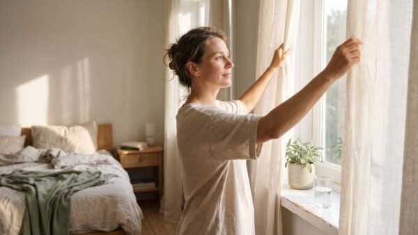 Woman opening curtains to morning light with a glass of water nearby for an energizing morning habit