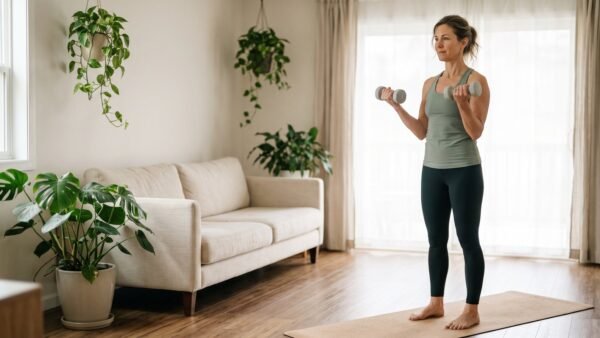 Woman in her 40s doing a standing biceps curl with light dumbbells on a mat in a bright living room at home
