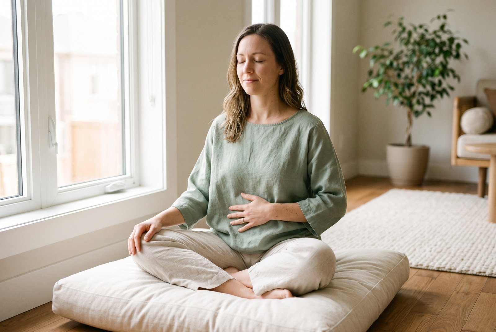 Woman breathing slowly with one hand on her belly, practicing extended-exhale breathing