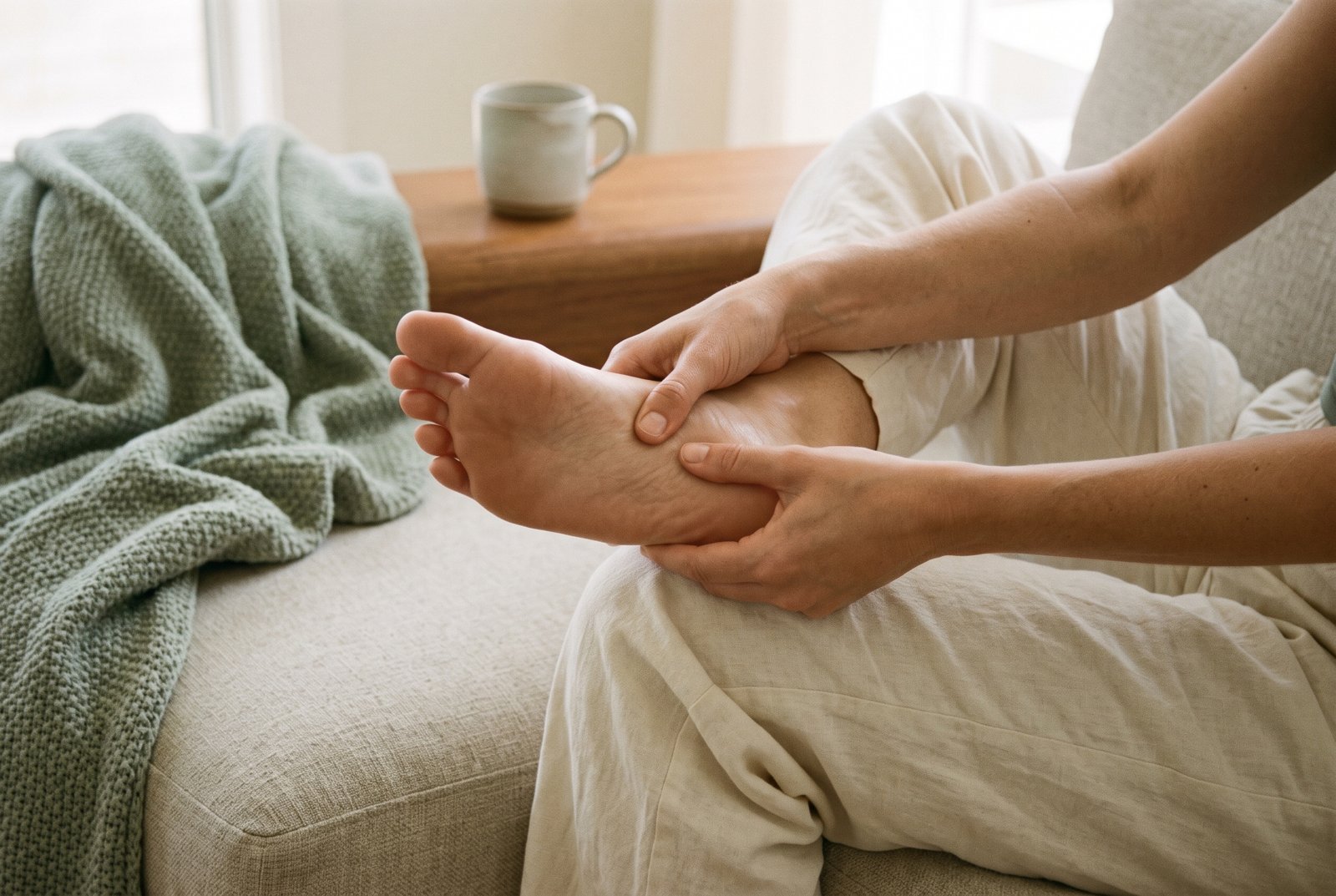 Hands pressing along the arch of a foot during a slow self foot massage on a couch