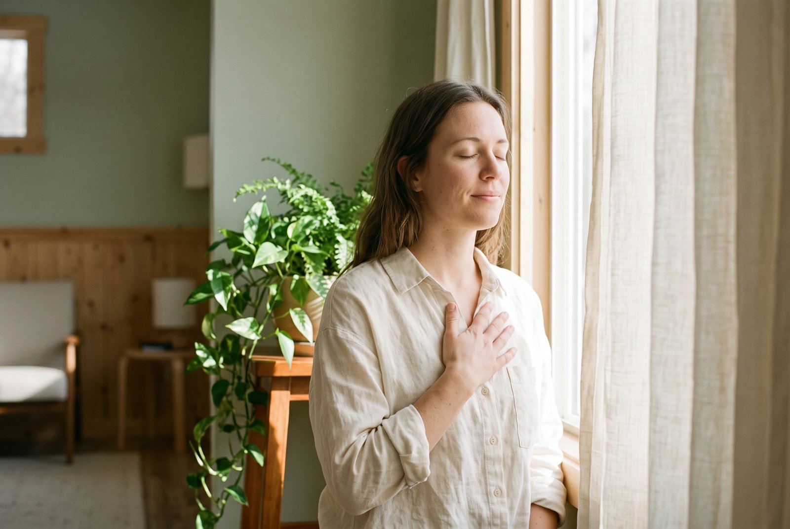 Woman humming with her eyes closed and a hand on her chest by a sunny window, practicing a vagus nerve exercise
